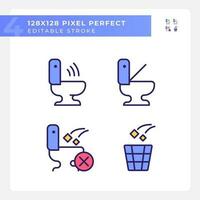 Toilet usage recommendations pixel perfect RGB color icons set. Toilet bowls automation. Trash collecting in WC. Isolated vector illustrations. Simple filled line drawings collection. Editable stroke