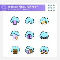 Cloud based service for data processing pixel perfect RGB color icons set. Storage information on internet. Isolated vector illustrations. Simple filled line drawings collection. Editable stroke