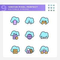 Cloud based service for data processing pixel perfect RGB color icons set. Storage information on internet. Isolated vector illustrations. Simple filled line drawings collection. Editable stroke