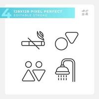 Toilet signs and service pixel perfect linear icons set. Smoke prohibition in public restroom. Marks for WC. Customizable thin line symbols. Isolated vector outline illustrations. Editable stroke