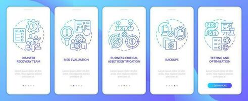 Effective disaster recovery plan blue gradient onboarding mobile app screen. Walkthrough 5 steps graphic instructions with linear concepts. UI, UX, GUI template vector