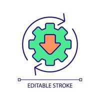 Download setup upgrade RGB color icon. Cogwheel with downward arrow. Technology innovations and development. Isolated vector illustration. Simple filled line drawing. Editable stroke