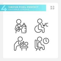 Rooms for baby care and rest pixel perfect linear icons set. WC for disabled visitors. Place to rest. Customizable thin line symbols. Isolated vector outline illustrations. Editable stroke