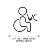 Accessible toilet pixel perfect linear icon. Restroom for disabled guests. Special conveniences in water closet. Thin line illustration. Contour symbol. Vector outline drawing. Editable stroke