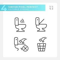 Toilet usage recommendations pixel perfect linear icons set. Toilet bowls automation. Garbage collecting in WC. Customizable thin line symbols. Isolated vector outline illustrations. Editable stroke