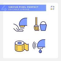 Toilet room equipment pixel perfect RGB color icons set. Supplies for hygiene. Restroom visitor service. Isolated vector illustrations. Simple filled line drawings collection. Editable stroke