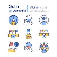 Global citizenship RGB color icons set. Responsive citizens. Sustainable development. Civil society. Isolated vector illustrations. Simple filled line drawings collection. Editable stroke