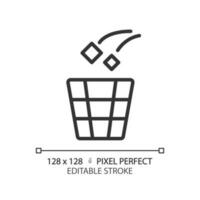 Throw rubbish pixel perfect linear icon. Use litter bin in toilet room. Put garbage in container. Remove rubbish. Thin line illustration. Contour symbol. Vector outline drawing. Editable stroke