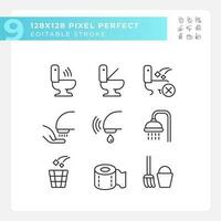 Public toilets service pixel perfect linear icons set. Restrooms using rules. Conveniences for guests. Customizable thin line symbols. Isolated vector outline illustrations. Editable stroke