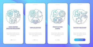 Disaster recovery approaches blue gradient onboarding mobile app screen. Walkthrough 4 steps graphic instructions with linear concepts. UI, UX, GUI template vector