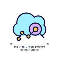 Cloud analytics pixel perfect RGB color icon. Digital data studying technology. Information for business forecast. Isolated vector illustration. Simple filled line drawing. Editable stroke