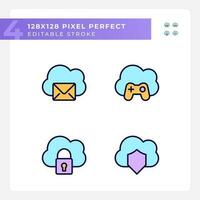 Purposes of cloud computing pixel perfect RGB color icons set. Online servers in multiple spheres. Isolated vector illustrations. Simple filled line drawings collection. Editable stroke