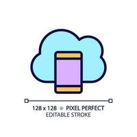 Mobile cloud computing pixel perfect RGB color icon. Apps delivering technology. Access to virtual server via smartphone. Isolated vector illustration. Simple filled line drawing. Editable stroke
