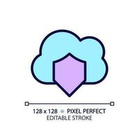 Cloud security pixel perfect RGB color icon. Internet dataset protection. Safe information storage online. Isolated vector illustration. Simple filled line drawing. Editable stroke