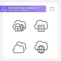 Safe access to cloud based storage pixel perfect linear icons set. International communication on internet. Customizable thin line symbols. Isolated vector outline illustrations. Editable stroke