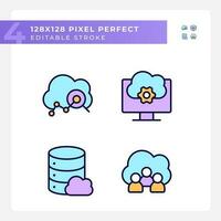 Cloud based service pixel perfect RGB color icons set. Users access to data on internet. Storage settings. Isolated vector illustrations. Simple filled line drawings collection. Editable stroke