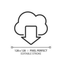 Download data from cloud based storage pixel perfect linear icon. Free access to information on internet. Thin line illustration. Contour symbol. Vector outline drawing. Editable stroke