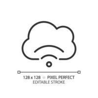 Cloud streaming pixel perfect linear icon. Delivering content to viewers. Hosting video files on internet server. Thin line illustration. Contour symbol. Vector outline drawing. Editable stroke