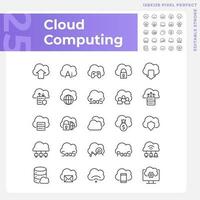 Cloud computing pixel perfect linear icons set. Online resources for data storage. Database on virtual server. Customizable thin line symbols. Isolated vector outline illustrations. Editable stroke
