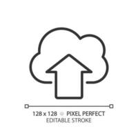 Upload files on cloud based storage pixel perfect linear icon. Safe virtual server for users data. Information online. Thin line illustration. Contour symbol. Vector outline drawing. Editable stroke