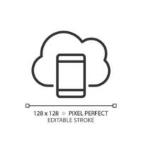 Mobile cloud computing pixel perfect linear icon. Apps delivering technology. Access to virtual server via smartphone. Thin line illustration. Contour symbol. Vector outline drawing. Editable stroke