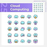 Cloud computing pixel perfect RGB color icons set. Online resources for data storage. Database on virtual server. Isolated vector illustrations. Simple filled line drawings collection. Editable stroke