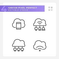 Connect devices to cloud based servers pixel perfect linear icons set. Share data via internet network. Customizable thin line symbols. Isolated vector outline illustrations. Editable stroke