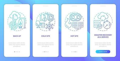 Types of disaster recovery blue gradient onboarding mobile app screen. Walkthrough 4 steps graphic instructions with linear concepts. UI, UX, GUI template vector