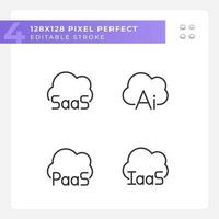 Structure of cloud computing pixel perfect linear icons set. Virtual services for data. Artificial intelligence. Customizable thin line symbols. Isolated vector outline illustrations. Editable stroke