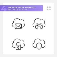 Purposes of cloud computing pixel perfect linear icons set. Online servers in multiple spheres. Customizable thin line symbols. Isolated vector outline illustrations. Editable stroke