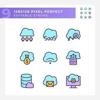 Access to data on cloud based resources pixel perfect RGB color icons set. Computing system features. Isolated vector illustrations. Simple filled line drawings collection. Editable stroke