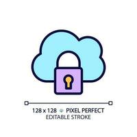 Private cloud pixel perfect RGB color icon. Closed access to online server. Organized data protection system. Isolated vector illustration. Simple filled line drawing. Editable stroke