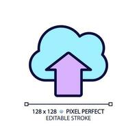 Upload files on cloud based storage pixel perfect RGB color icon. Safe virtual server for users data. Information online. Isolated vector illustration. Simple filled line drawing. Editable stroke
