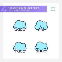 Structure of cloud computing pixel perfect RGB color icons set. Virtual data services. Artificial intelligence. Isolated vector illustrations. Simple filled line drawings collection. Editable stroke