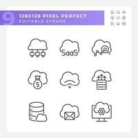 Access to data on cloud based resources pixel perfect linear icons set. Computing system features. Customizable thin line symbols. Isolated vector outline illustrations. Editable stroke