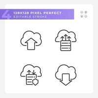 Data exchange via cloud resources pixel perfect linear icons set. Upload and download files on virtual storage. Customizable thin line symbols. Isolated vector outline illustrations. Editable stroke