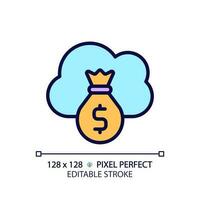 Cloud service cost pixel perfect RGB color icon. Expenses for virtual servers usage. Regular online payments. Isolated vector illustration. Simple filled line drawing. Editable stroke