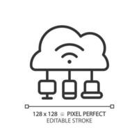 Cloud based IoT pixel perfect linear icon. Internet of things features. Massive network with devices and apps. Thin line illustration. Contour symbol. Vector outline drawing. Editable stroke