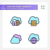 Safe access to cloud based storage pixel perfect RGB color icons set. International communication on internet. Isolated vector illustrations. Simple filled line drawings collection. Editable stroke