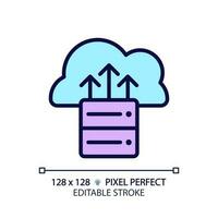 Cloud backup pixel perfect RGB color icon. Remote server for digital data. Save important information on internet resource. Isolated vector illustration. Simple filled line drawing. Editable stroke