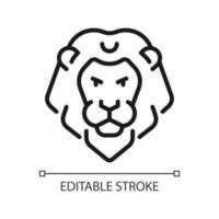 Lion head pixel perfect linear icon. Zodiac sign of western astrology. Majestic animal. Thin line illustration. Contour symbol. Vector outline drawing. Editable stroke