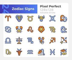 Zodiac signs pixel perfect RGB color big icons set. Astrological elements. Isolated vector illustrations. Simple filled line drawings collection. Editable stroke