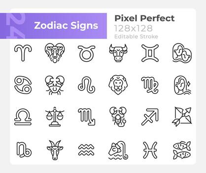 Zodiac signs pixel perfect linear big icons set. Astrological elements. Customizable thin line symbols. Isolated vector outline illustrations. Editable stroke