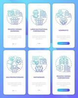 Private sector companies types blue gradient onboarding mobile app screens set. Walkthrough 3 steps graphic instructions with linear concepts. UI, UX, GUI template vector