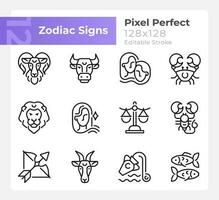 Astrological signs pixel perfect linear icons set. Twelve zodiac elements. Customizable thin line symbols. Isolated vector outline illustrations. Editable stroke