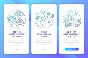 Break mindset limitations blue gradient onboarding mobile app screen. Walkthrough 3 steps graphic instructions with linear concepts. UI, UX, GUI template vector