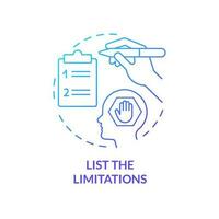 List limitations blue gradient concept icon. Self development. Removing personal barrier tip abstract idea thin line illustration. Isolated outline drawing vector