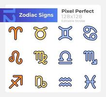 Twelve zodiac signs of western astrology pixel perfect RGB color icons set. Isolated vector illustrations. Simple filled line drawings collection. Editable stroke