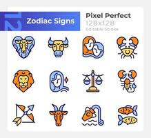 Astrological signs pixel perfect RGB color icons set. Twelve zodiac elements. Isolated vector illustrations. Simple filled line drawings collection. Editable stroke