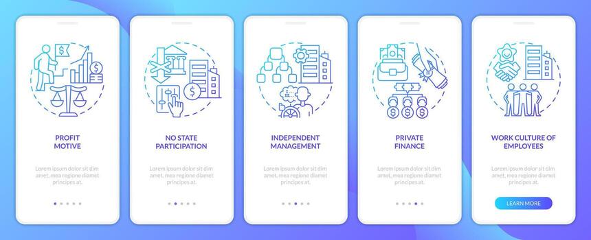 Private sector features blue gradient onboarding mobile app screen. Business walkthrough 5 steps graphic instructions with linear concepts. UI, UX, GUI template vector